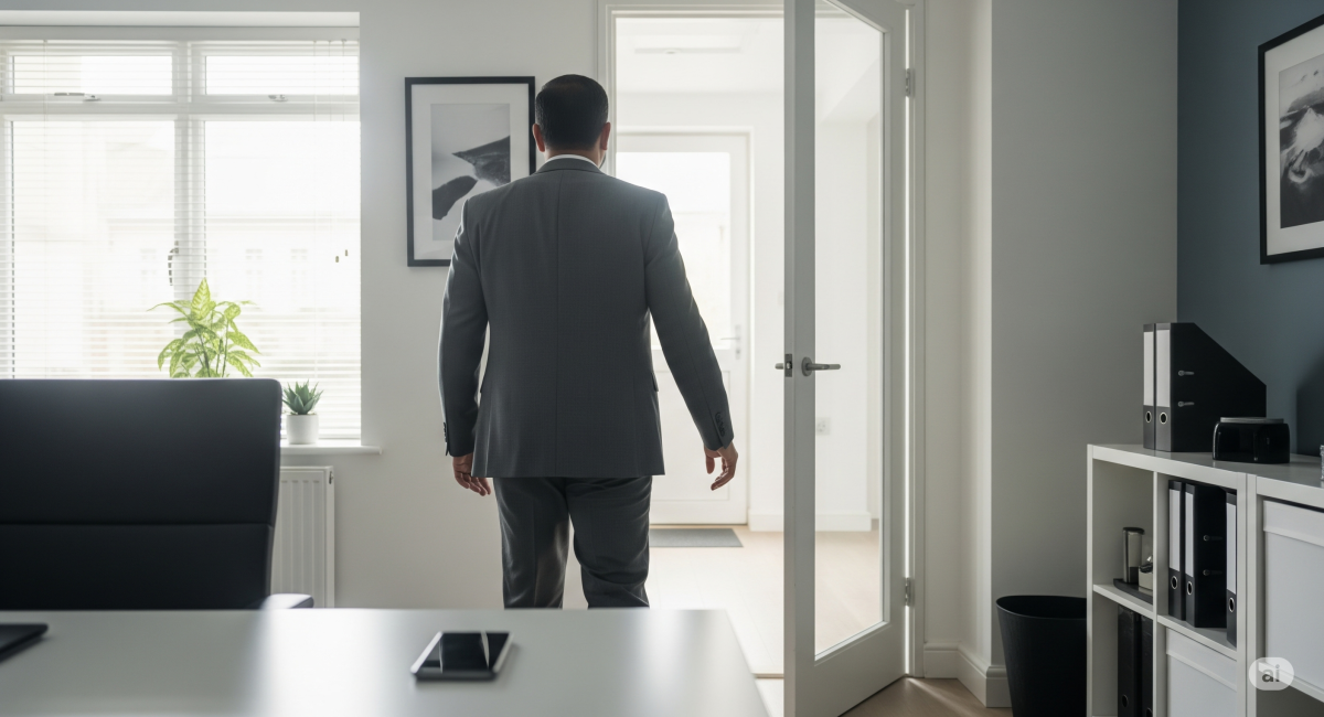 Businessman walking away from mobile phone on desk