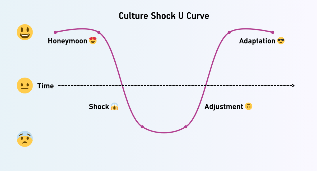 カルチャーショックのUカーブ曲線図：点線の時間軸に沿った紫色の波線グラフ。高揚感のある「ハネムーン期（😍）」から始まり、深い谷の部分である「ショック期（😱）」を経て、「回復・調整期（🙂）」へと上昇し、最終的に「適応期（😎）」に達して安定する推移を示しています。