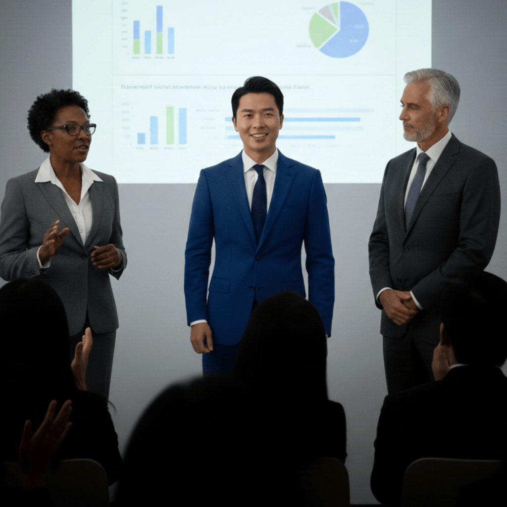 A group of three presenters stand in front of their audience.