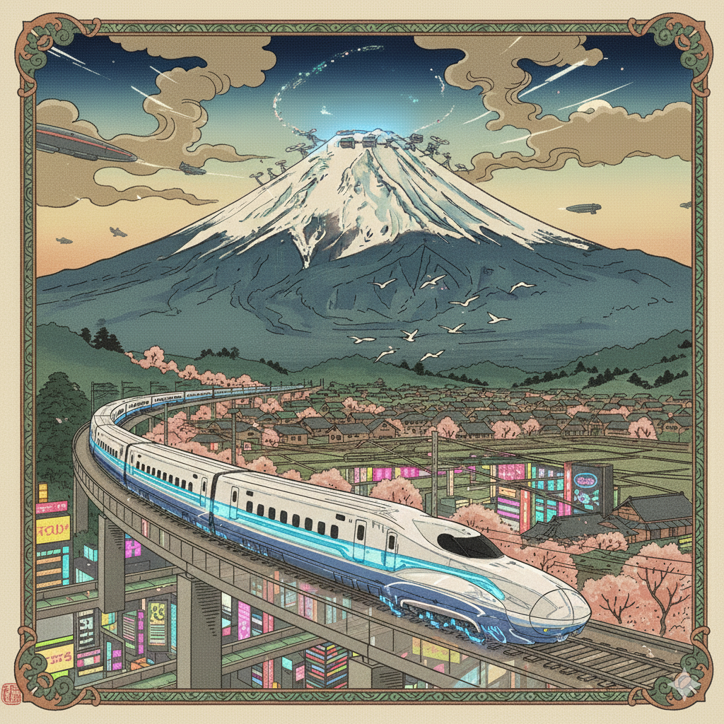 A Japanese style illustration of the bullet train passing in front of Mt Fuji