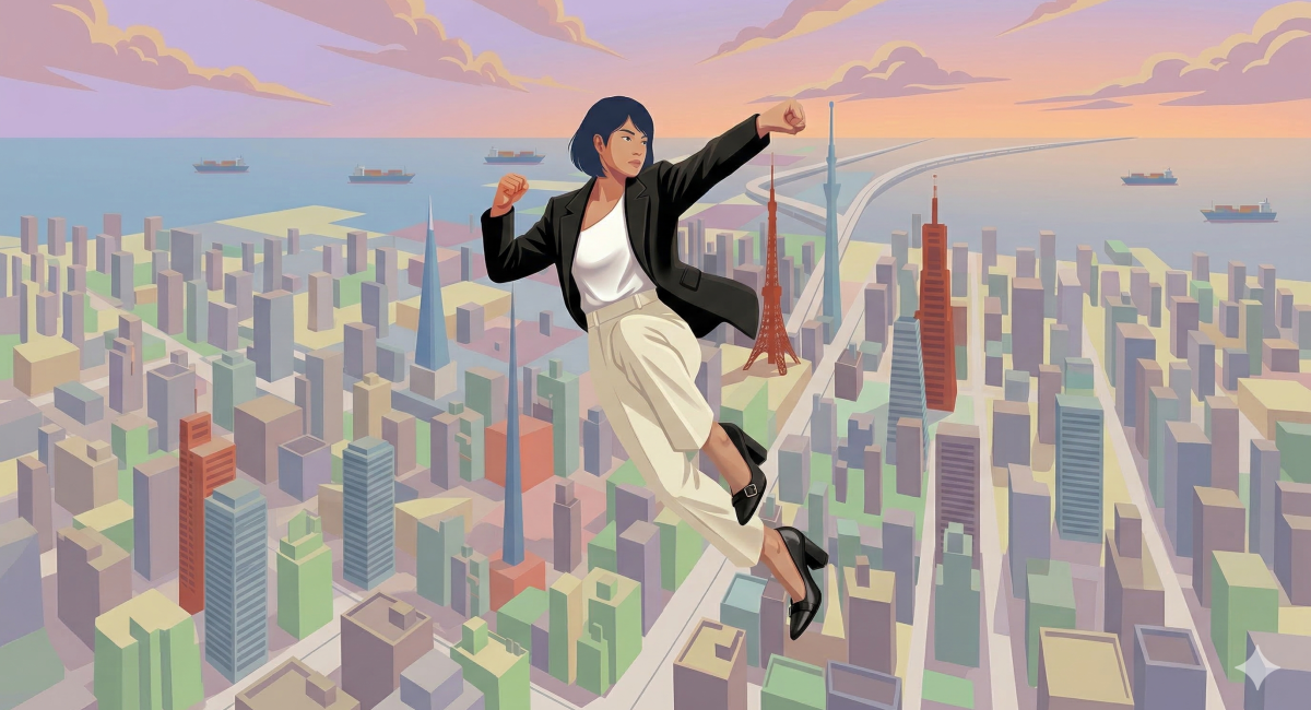 Stylized illustration of a young Asian woman in a trendy business suit flying over a pastel Tokyo skyline in a superhero pose.
