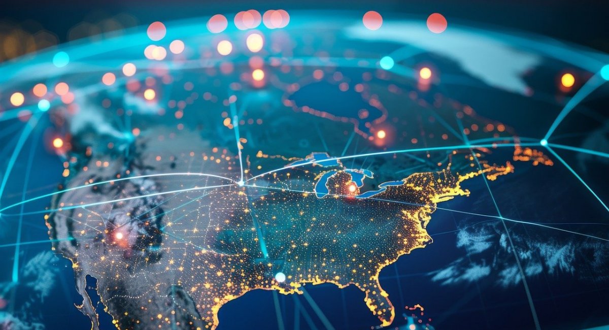 A graphic of the USA seen from space, overlaid with an image representing the internet