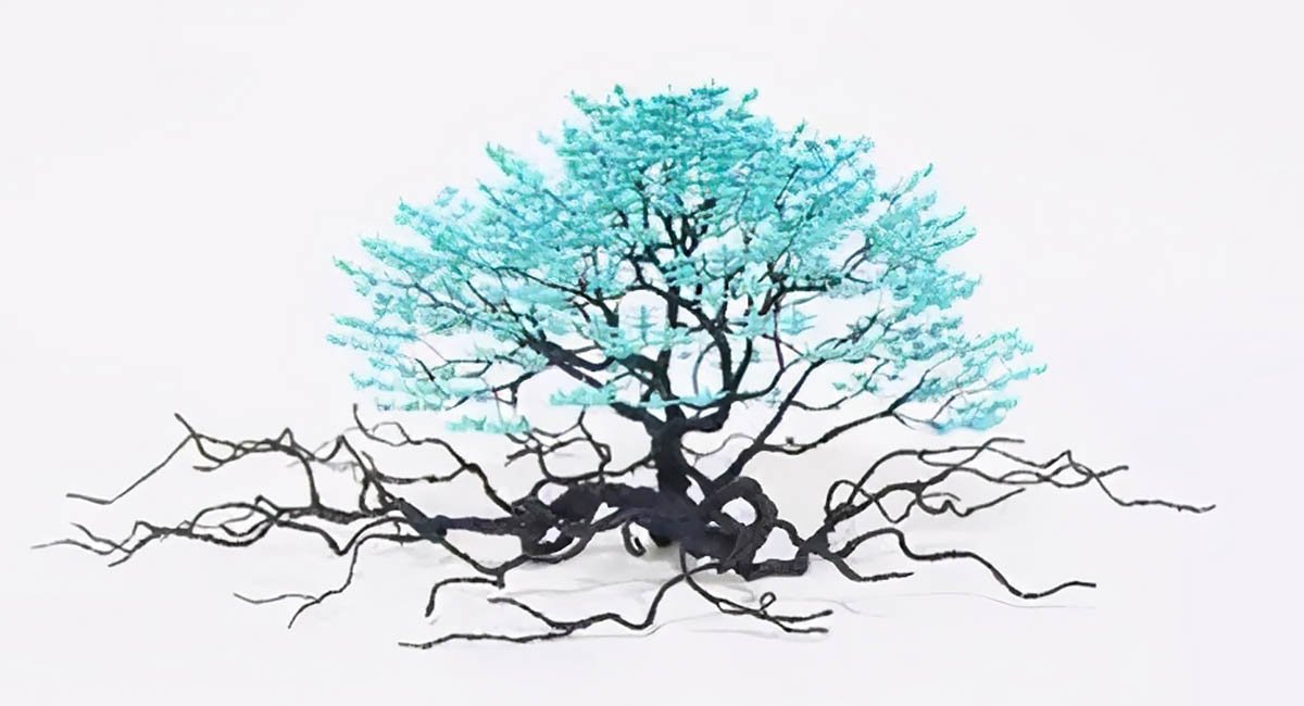 Bonsai trees with blue paper crane blooms