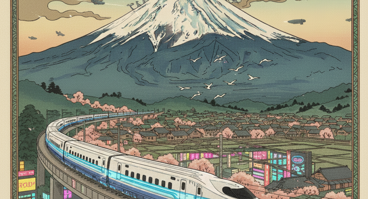 A Japanese style illustration of the bullet train passing in front of Mt Fuji